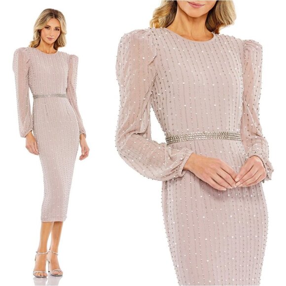 MAC DUGGAL Stripe Long Sleeve Midi Dress in Vintage Lilac Size US 16 NWT - Picture 1 of 12